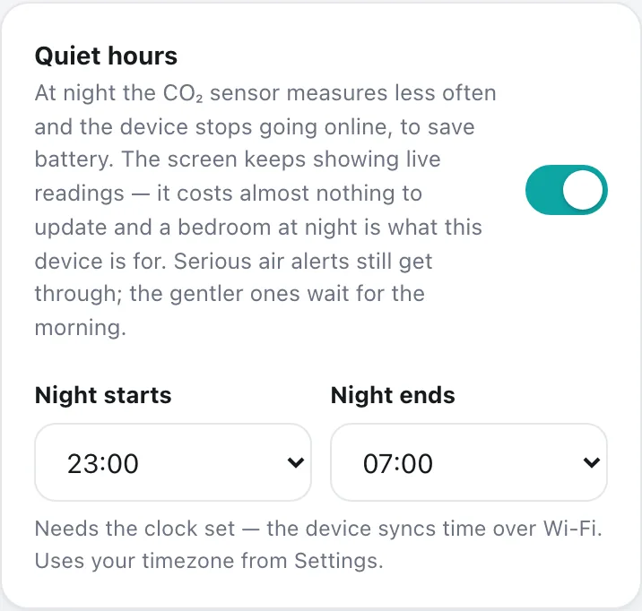 The Night mode card with start and end times