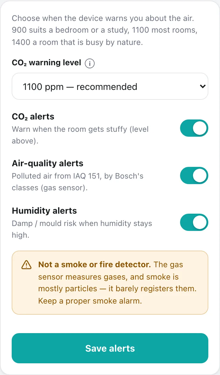 The Notifications card: CO2 warning level and three alert switches