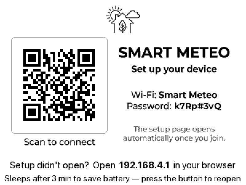 The setup screen: a QR code, the Wi-Fi name Smart Meteo and this device's password