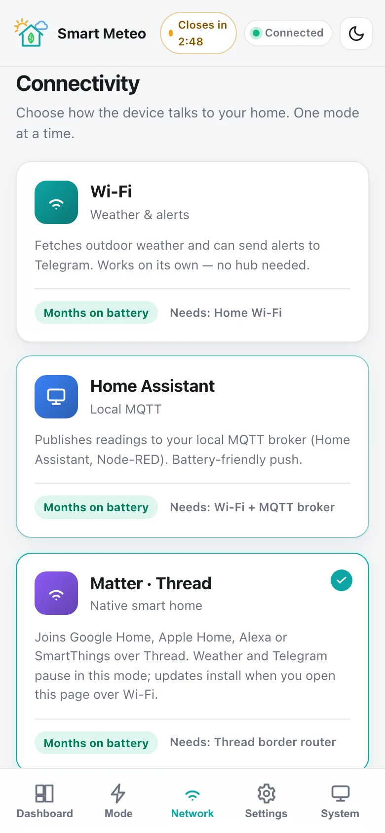 The Network tab with the Matter option