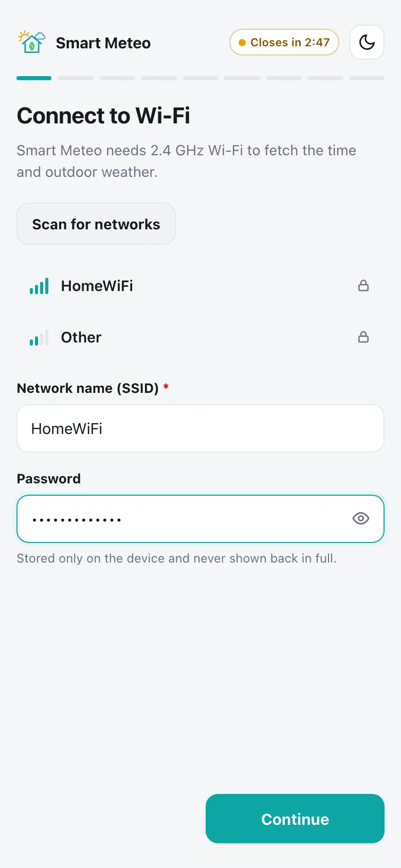 The wizard's first step, Connect to Wi-Fi, with a network chosen