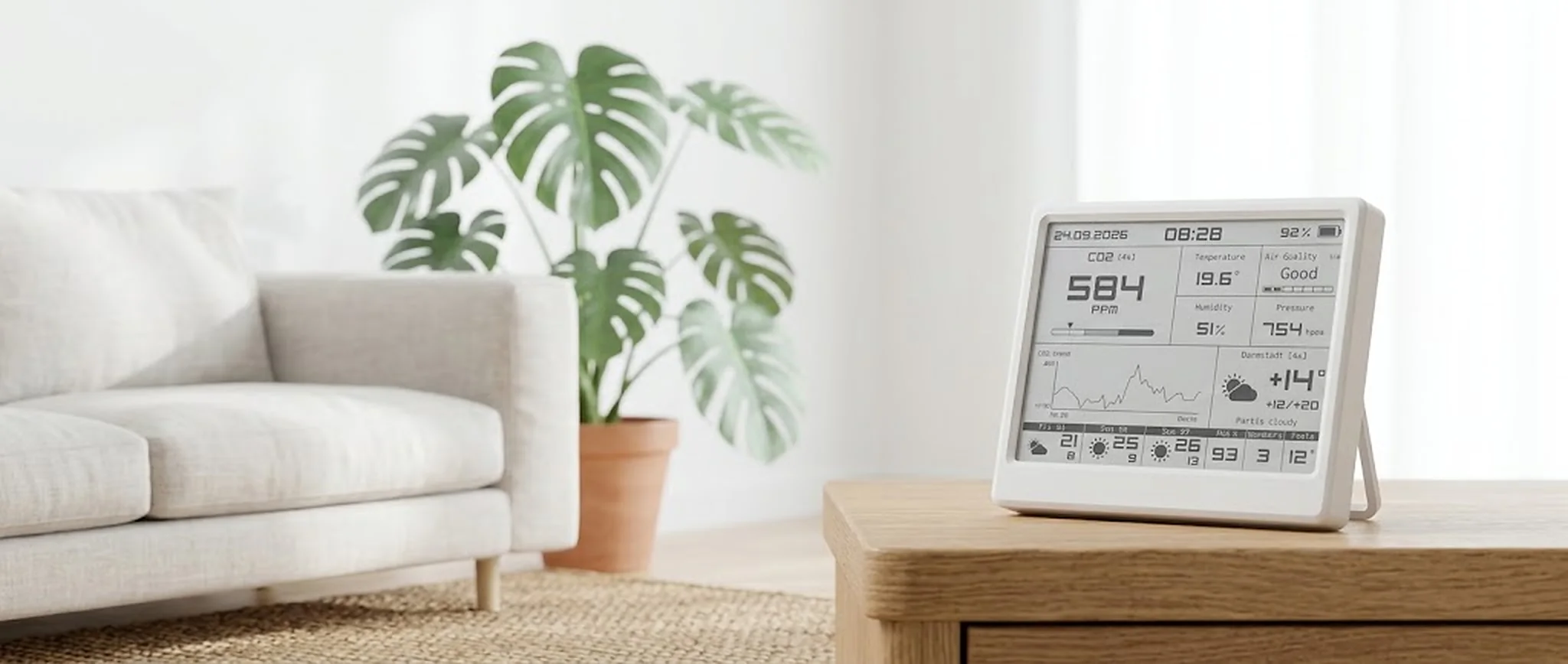 Smart Meteo on its fold-out stand on an oak side table in a bright living room