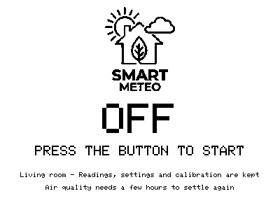 The switched-off screen: logo, OFF, press the button to start