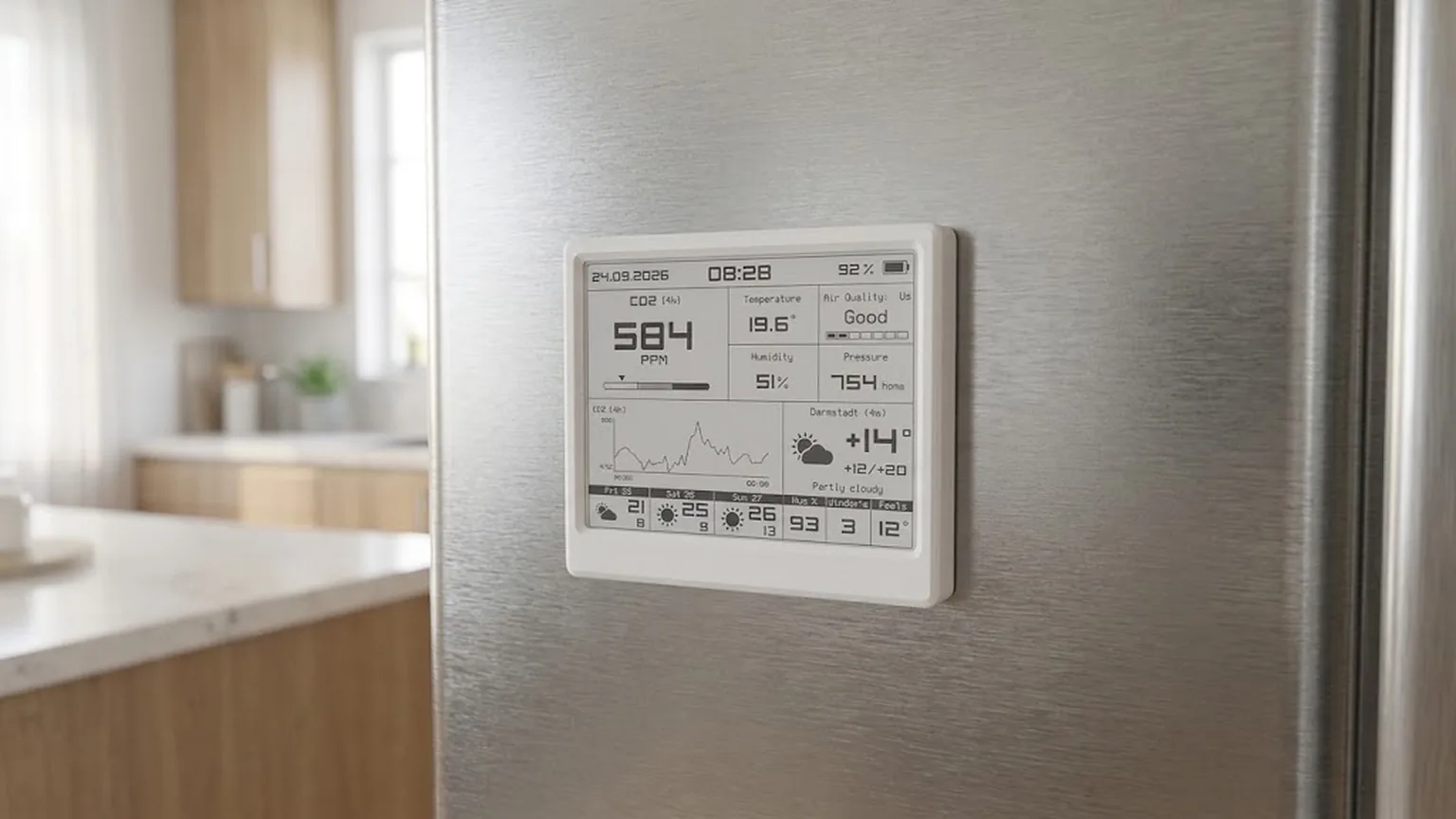 Smart Meteo held by magnets on a steel fridge door in a kitchen
